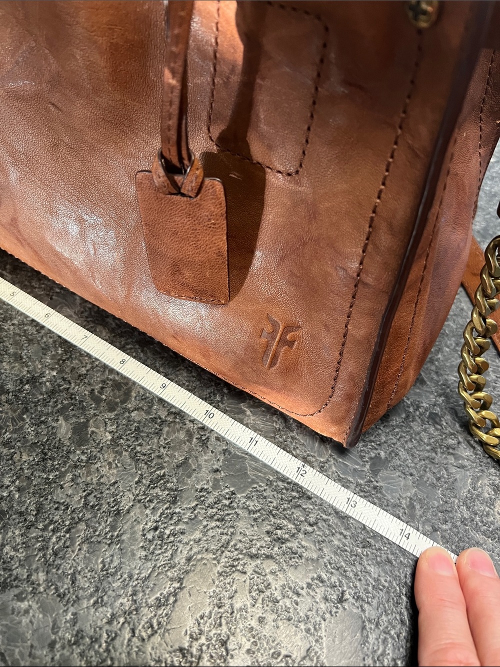 Frye Cognac Brown Leather Satchel with Chain-Leather Strap - Picture 14 of 16
